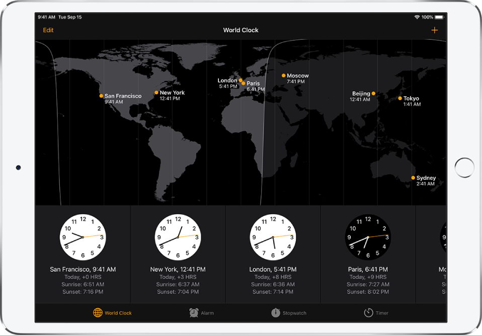 Бутонът World Clock (Час по света), показващ часа в различни градове. Докоснете Edit (Редактиране) горе вляво, за да настройвате вашия списък с градове. Докоснете Add (Добави) горе вдясно, за да добавите нови. В долния край са бутоните Час по света, Будилник, Хронометър и Таймер.