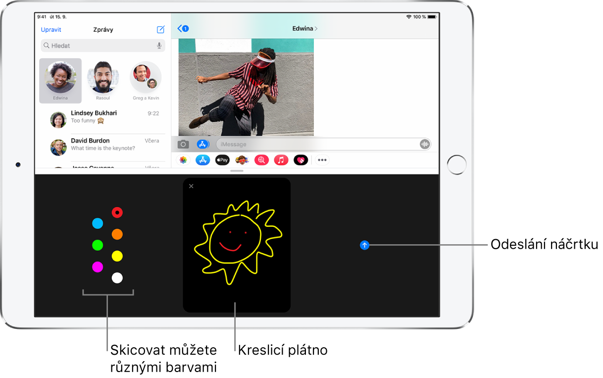 Obrazovka aplikace Zprávy s oknem Digital Touch v dolní části. Vlevo se nachází výběr barev, uprostřed kreslicí plátno a vpravo tlačítko Poslat