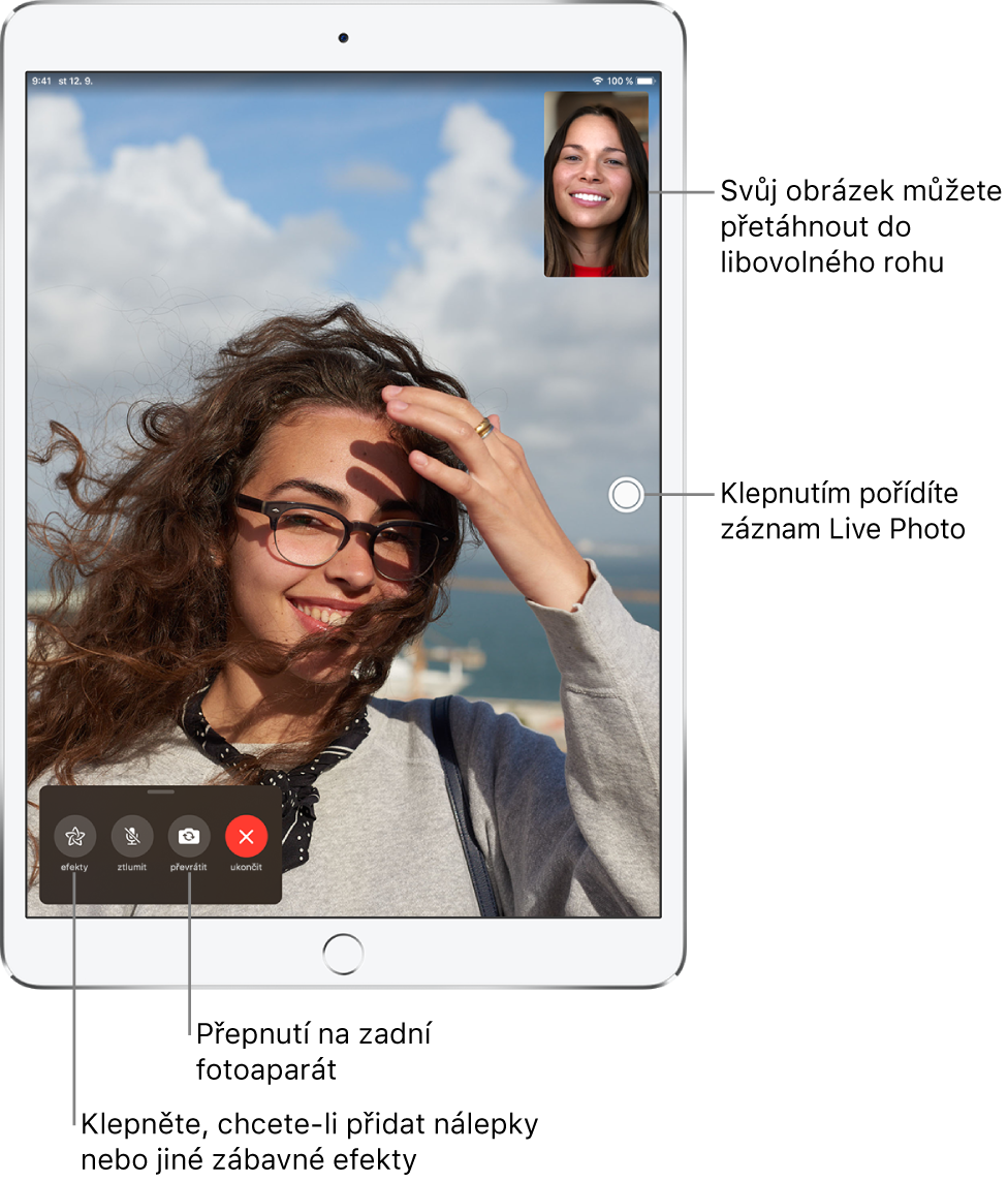 Obrazovka aplikace FaceTime s probíhajícím hovorem. V obdélníčku vpravo nahoře je vidět obraz z vaší kamery a zbytek obrazovky vyplňuje obraz osoby, s kterou mluvíte. Podél dolního okraje obrazovky jsou rozmístěná tlačítka Efekty, Ztlumit, Převrátit a Ukončit.