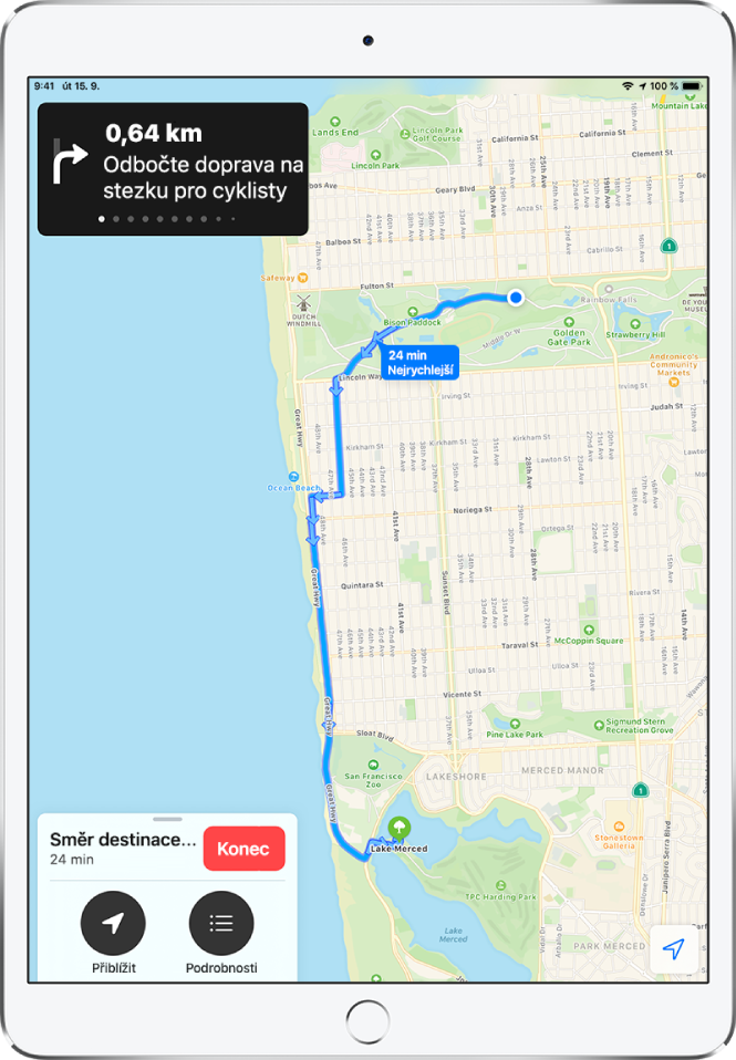 Přehledová mapa s cyklistickou trasou mezi dvěma parky v San Francisku