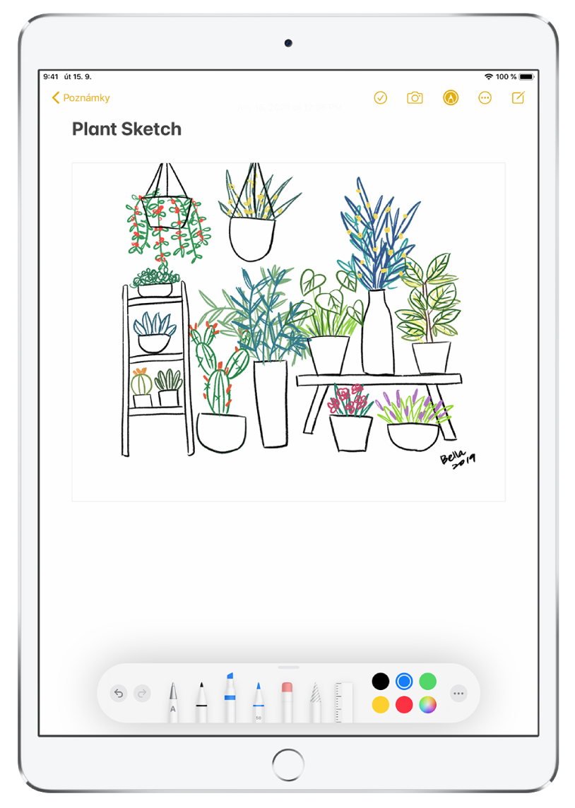 Kresba rostlin v poznámce v aplikaci Poznámky. U dolního okraje obrazovky se nachází panel nástrojů Anotace s nástroji pro psaní a vybranou vlastní barvou.
