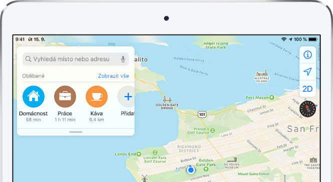 Mapa oblasti Bay Area v San Francisku se třemi oblíbenými místy pod vyhledávacím polem: Domov, Práce a Kavárna