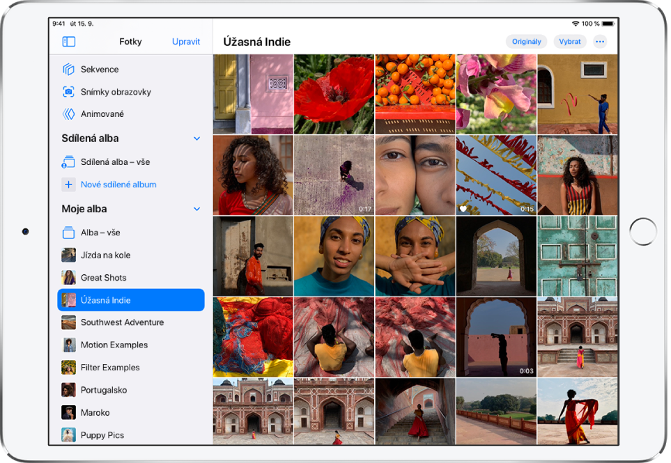 Otevřený boční panel aplikace Fotky na levé straně obrazovky. Pod záhlavím Moje alba je vybrané album s názvem Úžasná Indie. Zbytek displeje iPad vyplňují fotky a videa z alba Úžasná Indie, zobrazené na dlaždicích.