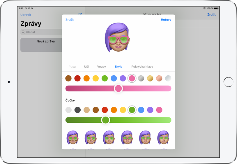 Obrazovka pro vytváření memoji v aplikaci Zprávy, na které můžete své postavičce vybrat brýle