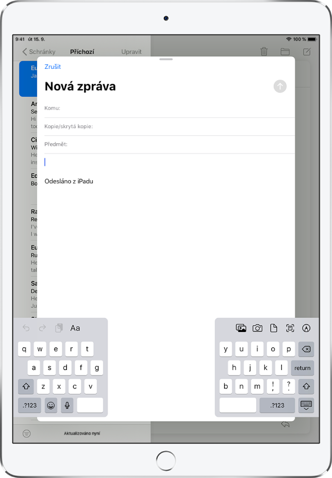 Psaní nové e‑mailové zprávy na rozdělené klávesnici, odpojené od dolního okraje displeje iPadu