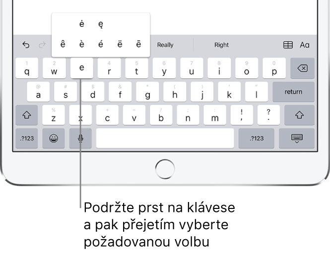 Obrazovka, na níž jsou vidět alternativní znaky s diakritikou pro klávesu „e“