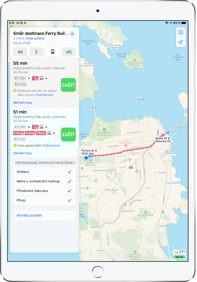 Mapa, na níž je vidět trasa veřejnou dopravou přes San Francisko. Na kartě trasy na levé straně se zobrazují tlačítka Začít pro dvě různé varianty trasy.