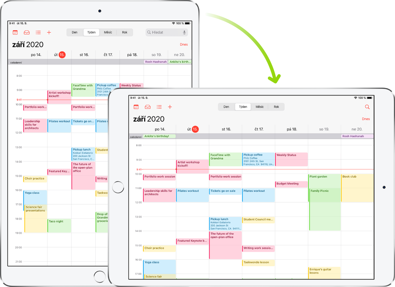 Na pozadí je vidět iPad s obrazovkou aplikace Kalendář v orientaci na výšku; v popředí je tentýž iPad, ale otočený tak, aby se obrazovka aplikace Kalendář zobrazovala na šířku
