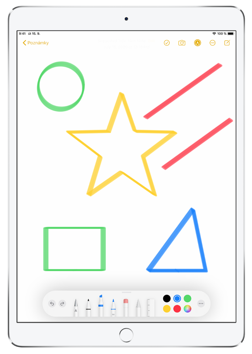 Poznámka v aplikaci Poznámky vyplněná různobarevnými hvězdičkami, linkami a tvary