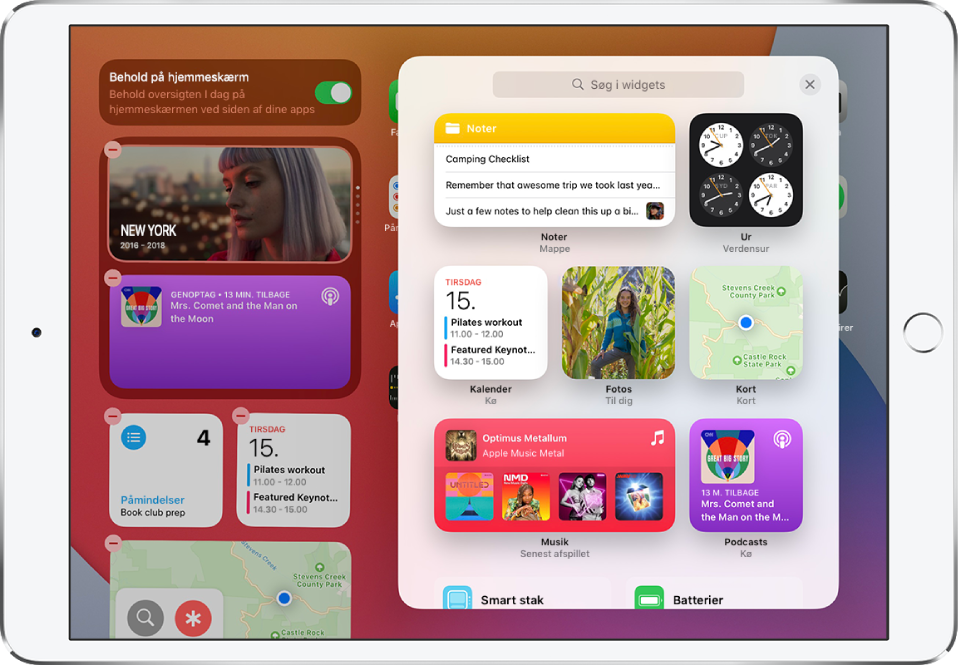 Widgetgalleriet på iPad, der viser widgets, herunder Noter, Ur, Kalender, Fotos, Kort, Musik og Podcasts.