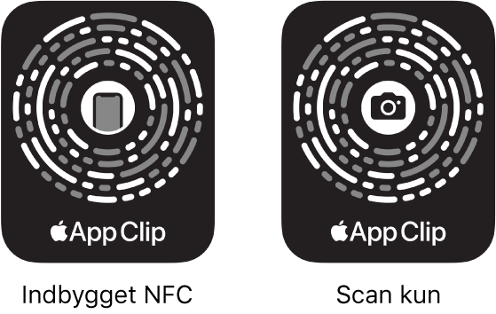 Til venstre er der en appklipkode integreret i et NFC-mærke med et symbol for iPhone i midten. Til højre er der en appklipkode kun til scanning med et kamerasymbol i midten.