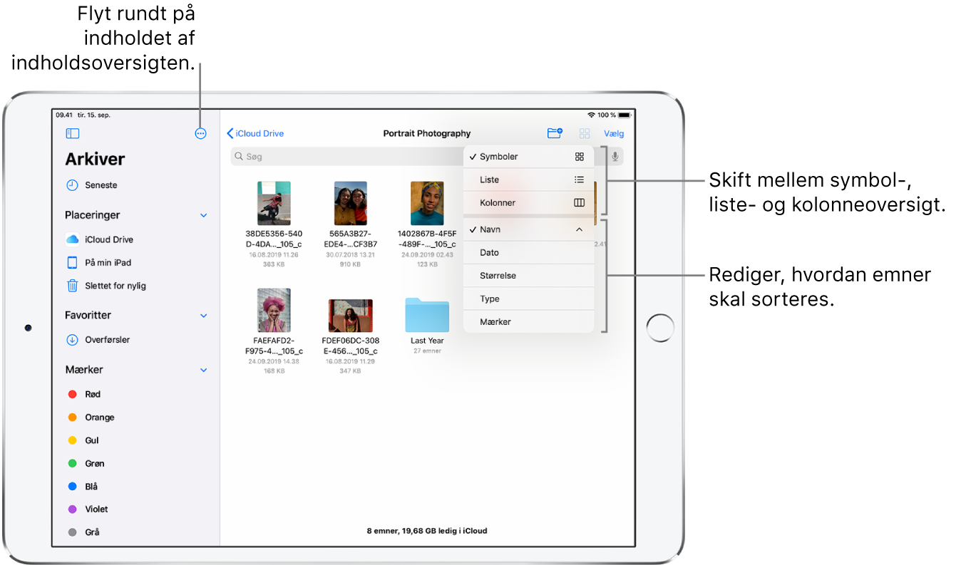 En placering i iCloud Drive med knapper, der bruges til at flytte rundt på indholdet i indholdsoversigten, sortere efter Navn, Dato, Størrelse og Mærker og skifte mellem listeoversigt og symboloversigt.