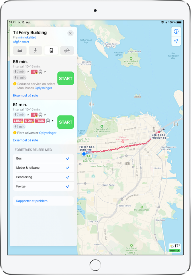 Et kort, der viser en rute med offentlig transport i San Francisco. Et rutekort til venstre har knappen Start til to mulige ruter.
