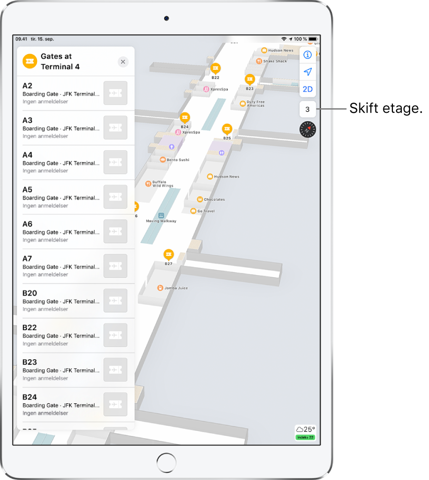 Et indendørskort over en lufthavnsterminal. Kortet viser forretninger og boardinggates. I venstre side af skærmen viser et kort de gates, der findes i Terminal 4.