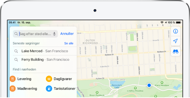På søgekortet i venstre side af skærmen vises kategorier til fire tjenester i nærheden. Kategorierne er Restauranter, Dagligvarer, Madlevering og Benzinstationer.