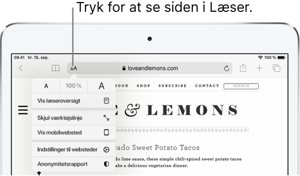 Safari-værktøjslinjen med knappen Læser i venstre side af adressefeltet.