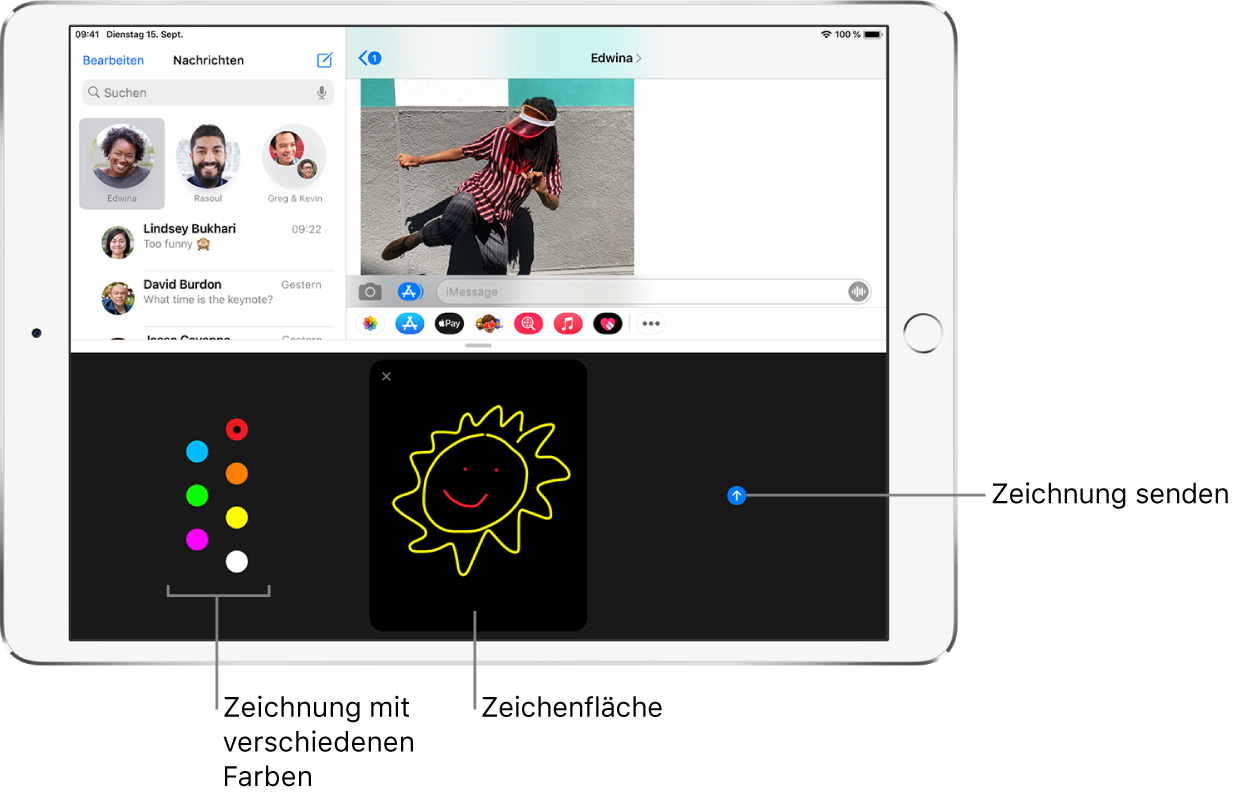 Ein Bildschirm in der App „Nachrichten“, in dem unten der Bereich für Digital Touch zu sehen ist. Die Farboptionen befinden sich auf der linken Seite, der Zeichenbereich in der Mitte und die Taste „Senden“ auf der rechten Seite.