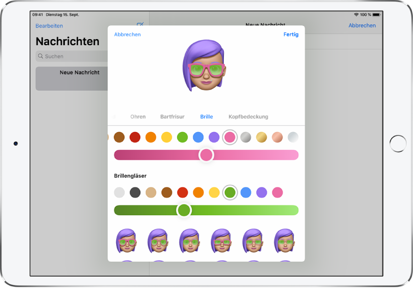 Ein Bildschirm zum Erstellen eines Memoji in der App „Nachrichten“, in dem du eine Brille auswählen kannst.