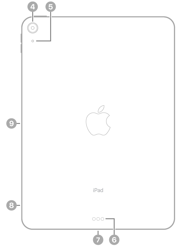 Die Rückansicht des iPad Air mit Hinweisen im Uhrzeigersinn oben links beginnend: Rückwärtige Kamera, Blitz, Smart Connector, USB-C-Anschluss, SIM-Fach (Wi-Fi + Cellular) und magnetischer Anschluss für den Apple Pencil.