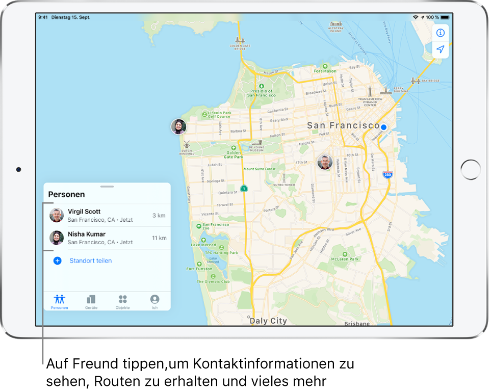 Die App „Wo ist?“ mit geöffnetem Tab „Personen“. Die Liste „Personen“ enthält zwei Freunde: Virgil Scott und Nisha Kumar. Ihre Standorte werden auf einer Karte von San Francisco angezeigt.