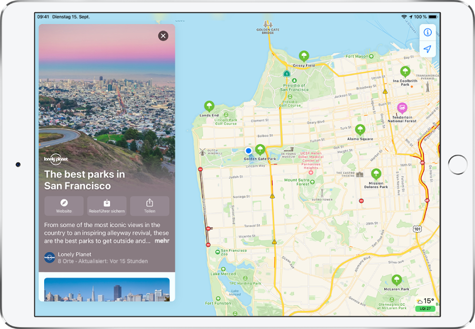 Auf der linken Seite einer Stadtkarte befindet sich ein Reiseführer für die Parks in San Francisco.