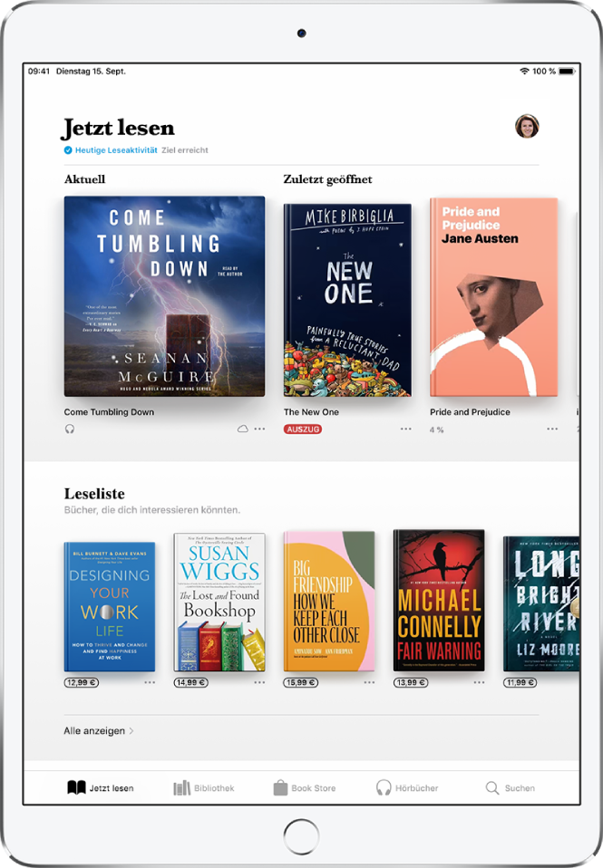 Ein Bildschirm in der App „Bücher“. Unten auf dem Bildschirm sind von links nach rechts die Tabs „Jetzt lesen“, „Bibliothek“, „Book Store“, „Hörbücher“ und „Suchen“ zu sehen, wobei der Tab „Jetzt lesen“ ausgewählt ist. Oben auf dem Bildschirm befindet sich der Bereich „Jetzt lesen“, in dem die Bücher zu sehen sind, die du gerade liest. Darunter befindet sich der Bereich „Leseliste“ mit Büchern, die du vielleicht als Nächstes lesen möchtest.