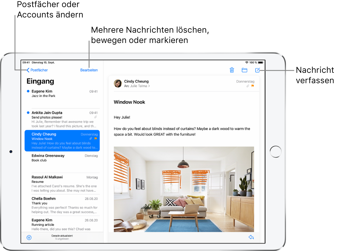 Der Posteingang der App „Mail“ mit einer E-Mail-Liste auf der linken Seite und einer geöffneten E-Mail-Konversation auf der rechten Seite. In der Ecke oben links befindet sich die Taste „Postfächer“ für den Wechsel zu einem anderen Postfach. In der Ecke unten links befindet sich die Taste zum Filtern von E-Mails, sodass nur bestimmte E-Mails angezeigt werden. In der Ecke oben rechts befindet sich die Taste zum Erstellen einer neuen E-Mail.