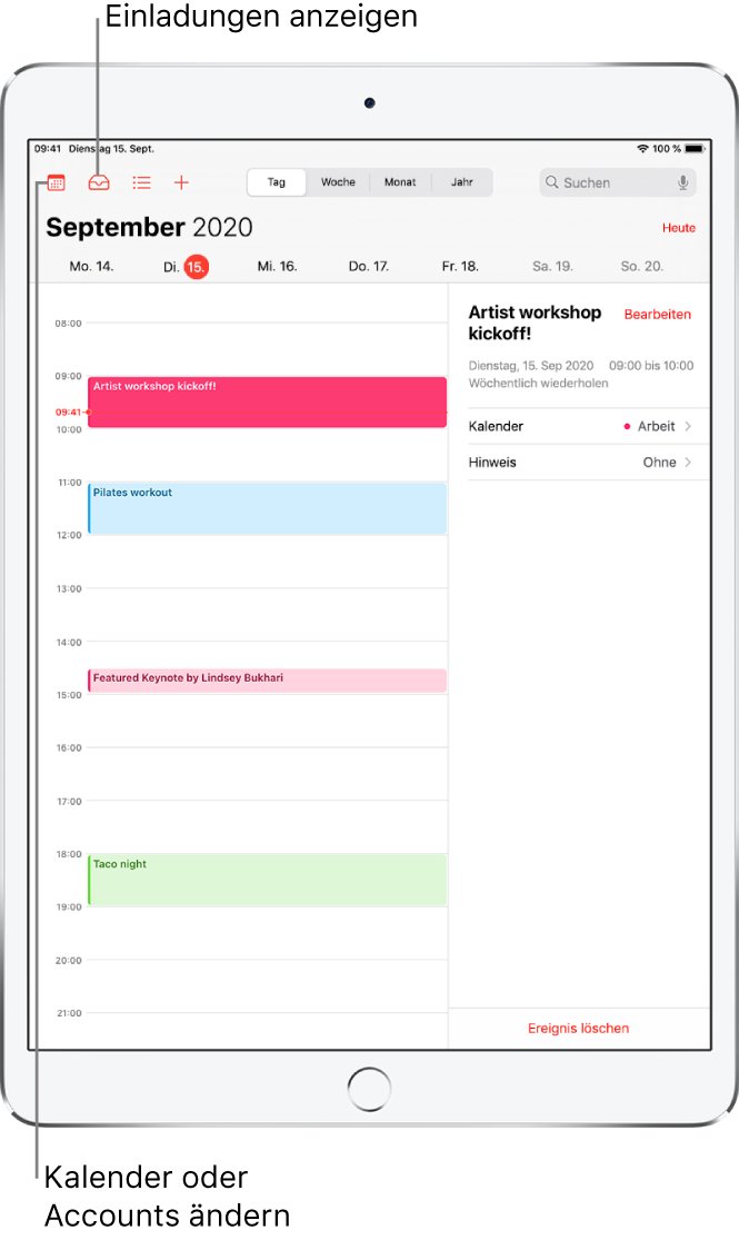 Ein Kalender in der Tagesansicht. Tippe auf die Tasten oben, um zwischen der Tages-, Wochen-, Monats- und Jahresansicht zu wechseln. Tippe auf „Kalender“, um zu einem anderen Kalender oder Account zu wechseln. Tippe oben links auf die Taste „Eingang“, um Einladungen anzuzeigen.