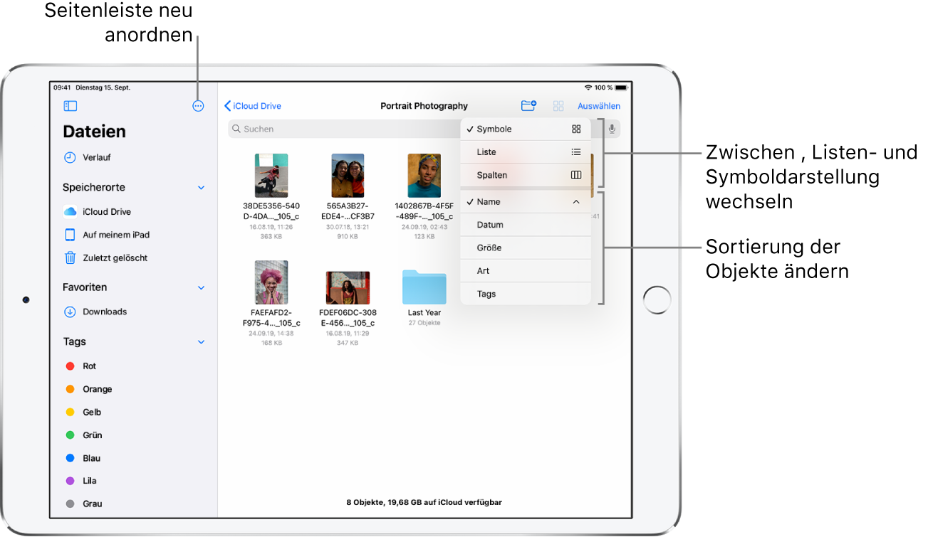 Ein iCloud Drive-Speicherort mit Tasten zum Umorganisieren der Seitenleiste, zum Sortieren nach Name, Datum, Größe, Art und Tags und zum Umschalten zwischen Listen- und Symboldarstellung.