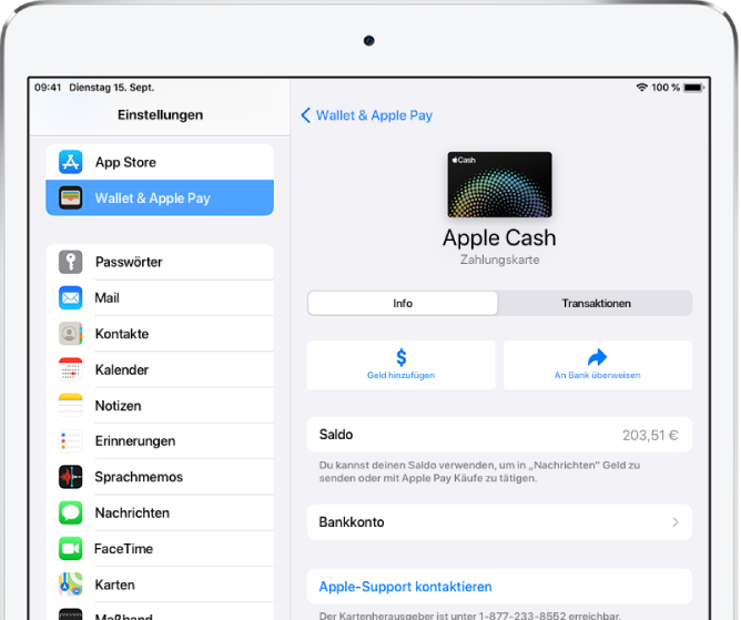 Der Bildschirm mit den Details zu deiner Apple Cash-Karte. Oben rechts wird der Kontostand angezeigt.