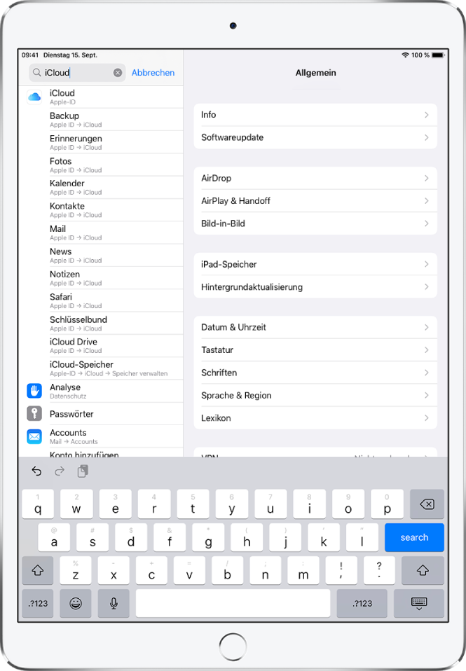 Der Bildschirm zum Suchen von Einstellungen mit dem Suchfeld oben. Im Suchfeld ist der Begriff „iCloud“ zu sehen. Die Liste darunter enthält die Einträge, in denen der Suchbegriff gefunden wurde.