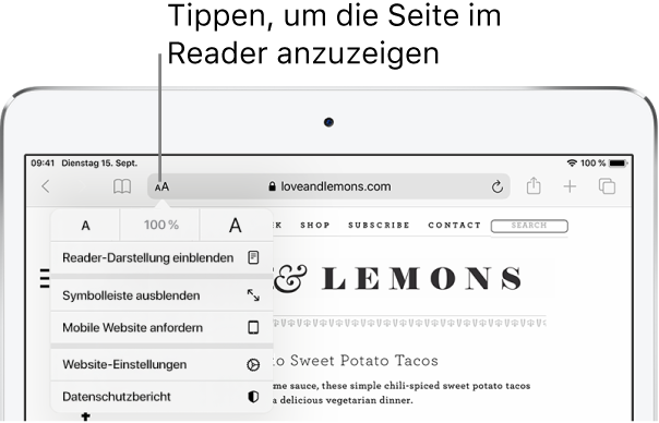 Die Safari-Symbolleiste mit der Taste „Reader“ auf der linken Seite des Adressfelds.