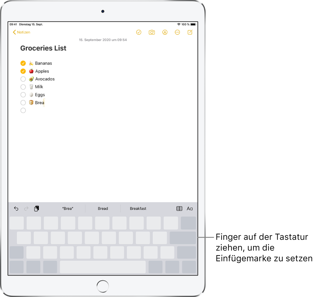 Eine Notiz, die nach dem Umwandeln der Tastatur in ein Trackpad bearbeitet wird. Die Tastatur wird grau dargestellt und gibt dadurch zu erkennen, dass sie jetzt als Trackpad fungiert.