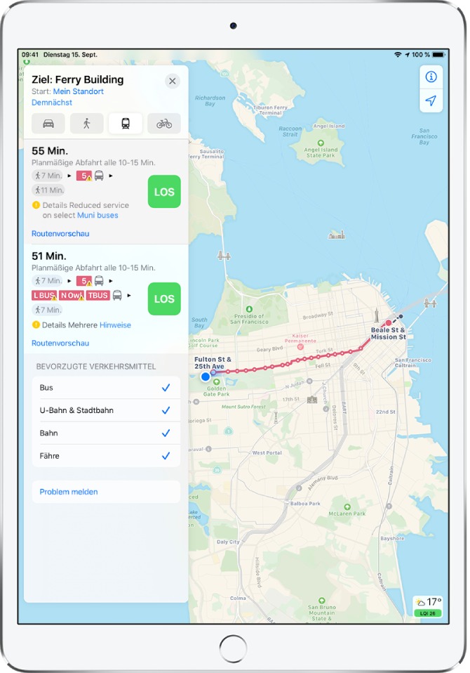 Eine Karte mit einer ÖPNV-Route durch San Francisco. Auf der Routenkarte auf der linken Seite befindet sich neben zwei Routenoptionen jeweils die Taste „Los“.