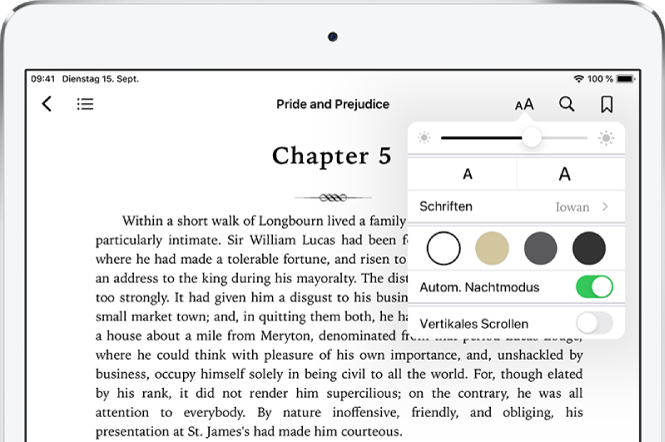 In einem Buch wurde das Menü „Erscheinungsbild“ ausgewählt. Von oben nach unten sind Steuerelemente für folgende Einstellungen zu sehen: Helligkeit, Schriftgröße, Schriftstil, Seitenfarbe, automatischer Nachtmodus und Rollansicht.