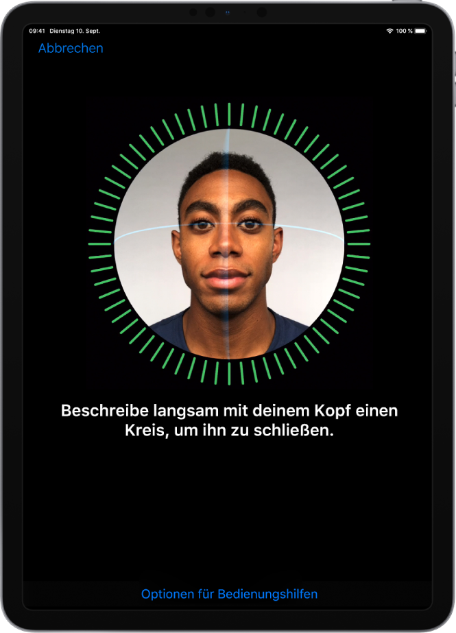 Der Bildschirm zum Einrichten der Face ID-Erkennung. Auf dem Bildschirm ist ein Gesicht in einem Kreis zu sehen. Der Text darunter fordert dich auf, den Kopf langsam zu bewegen, um den Kreis zu schließen.