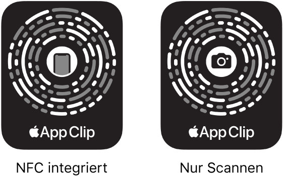 Links ist ein NFC-integrierter App Clip-Code mit einem iPhone-Symbol in der Mitte zu sehen. Rechts ist ein scanbarer App Clip-Code mit einem Kamerasymbol in der Mitte zu sehen.