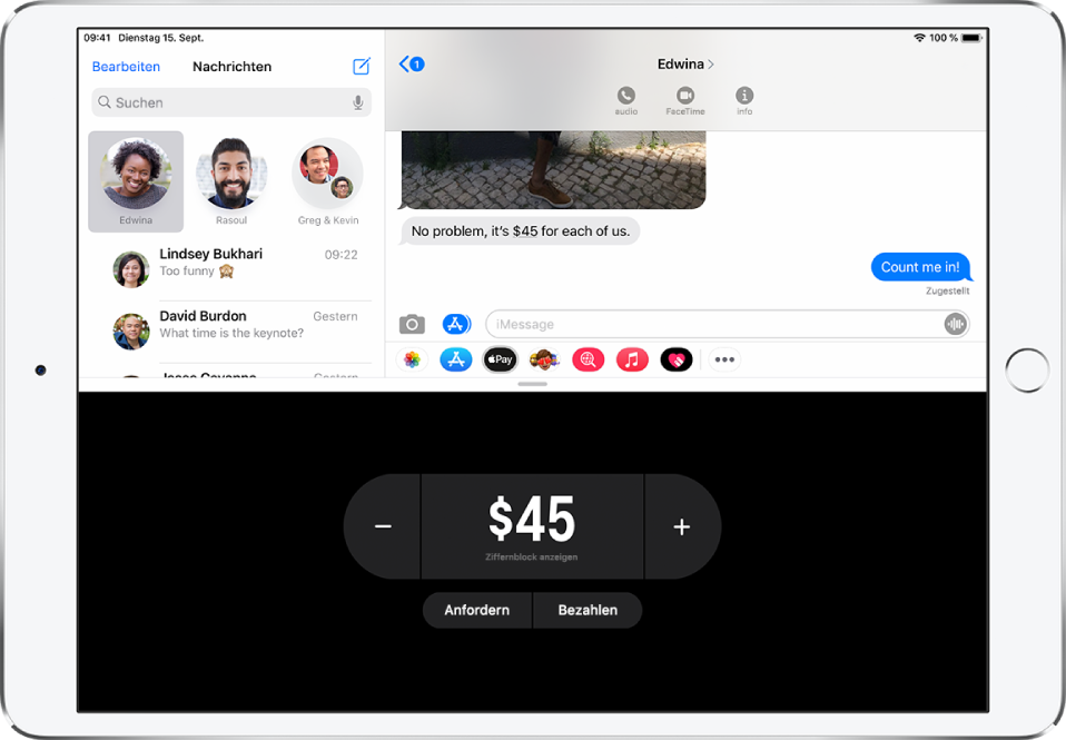 Eine iMessage-Konversation mit der geöffneten App „Apple Pay“ unten.