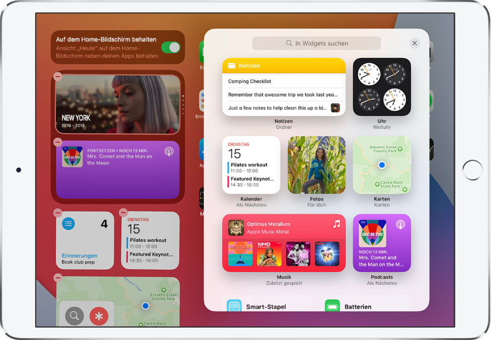 Die Widget-Galerie auf dem iPad zeigt unter anderem die Widgets „Notizen“, „Uhr“, „Kalender“, „Fotos“, „Karten“, „Musik“ und „Podcasts“.