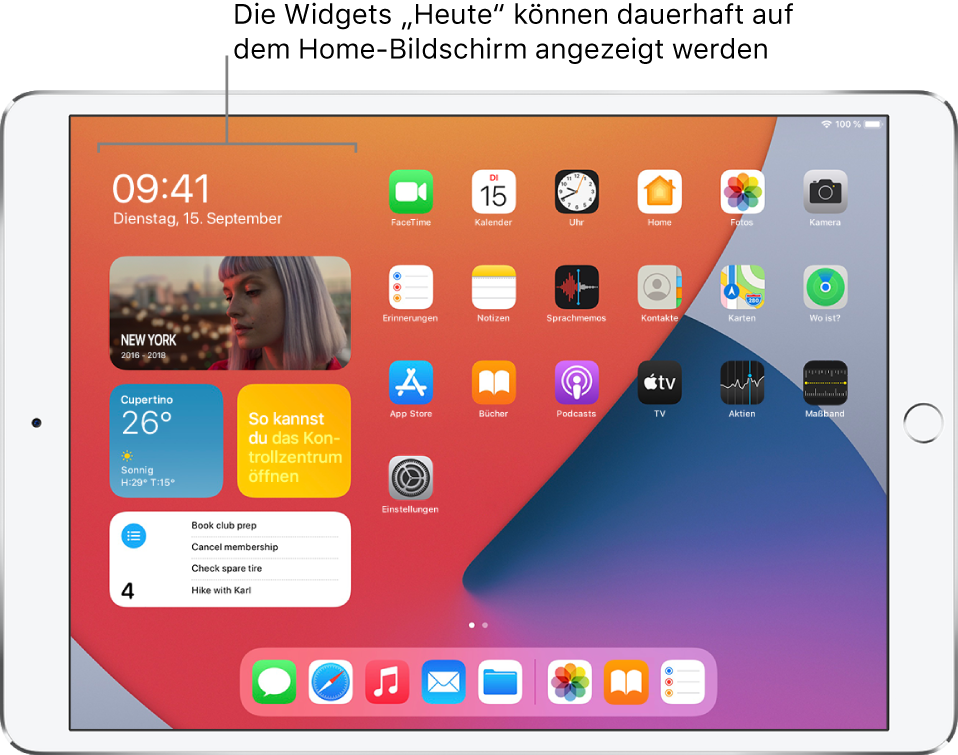 Der Home-Bildschirm mit den Widgets in der Ansicht „Heute“ – darunter die Widgets „Fotos“, „Wetter“, „Tipps“ und „Erinnerungen“. Die Widgets wurden an den Home-Bildschirm angeheftet und befinden sich neben den App-Symbolen.