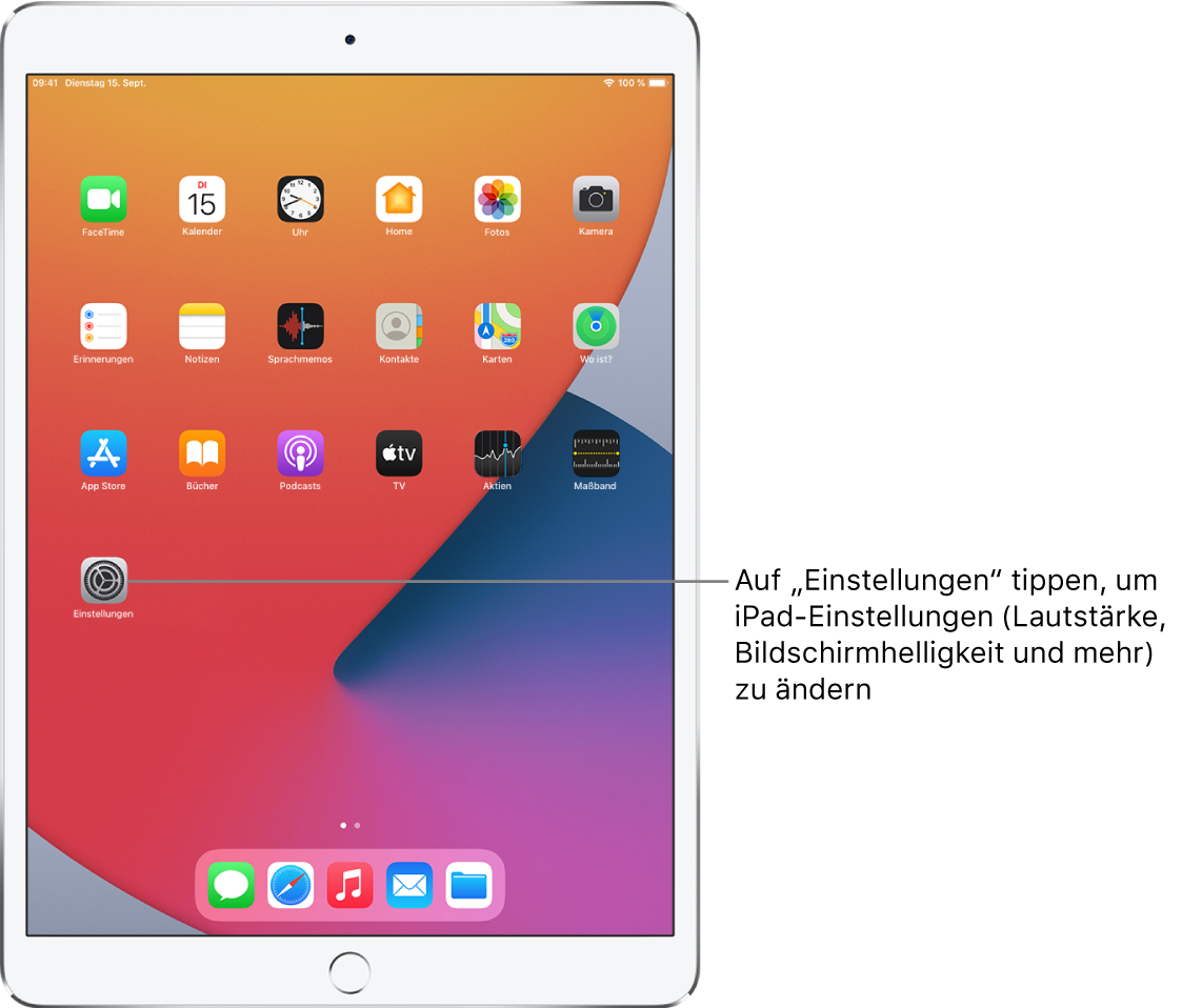 Der Home-Bildschirm des iPad mit mehreren App-Symbolen, unter anderem mit dem Symbol der App „Einstellungen“. Wenn du auf dieses Symbol tippst, kannst du unter anderem die Lautstärke und die Bildschirmhelligkeit für das iPad ändern.