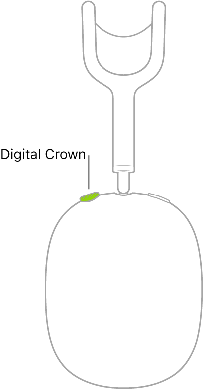 Die Abbildung zeigt die Position der Digital Crown am rechten Kopfhörer der AirPods Max.