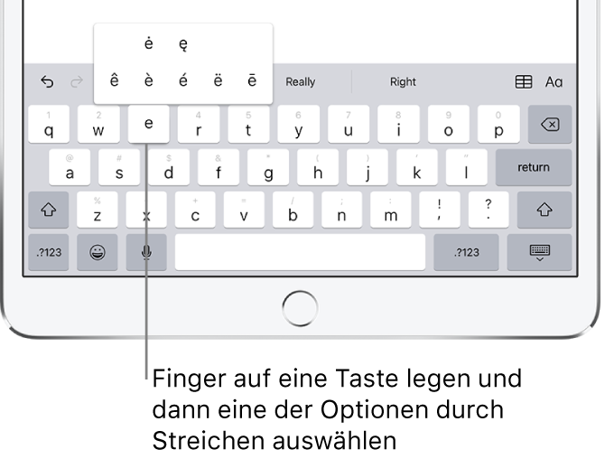 Bildschirm mit alternativen Zeichen für den Kleinbuchstaben „e“.