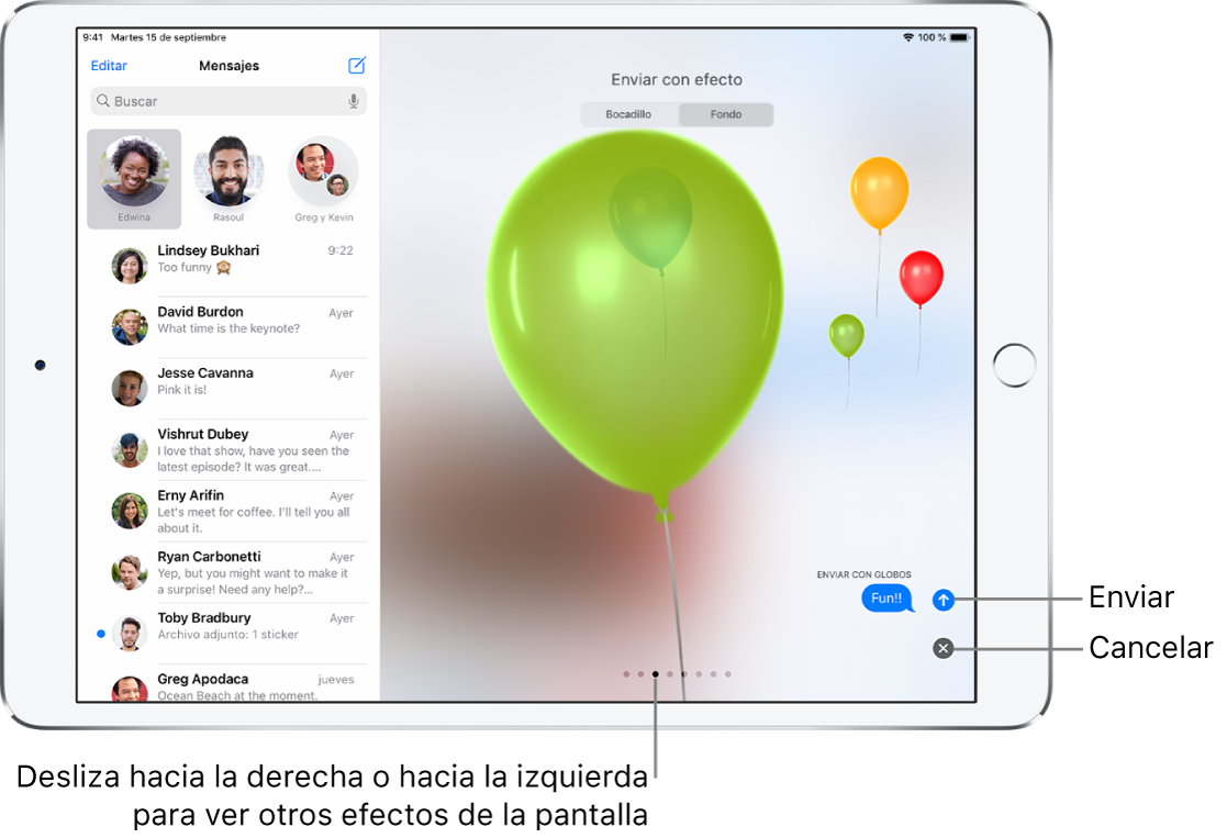 Vista previa de un mensaje con un efecto de pantalla completa con globos.