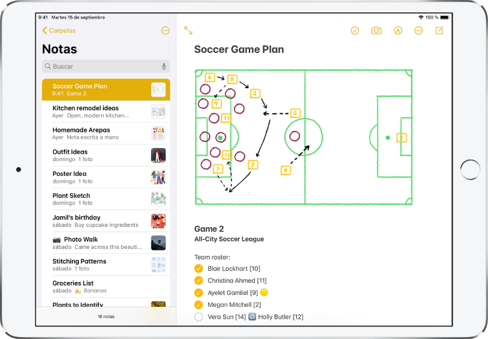 iPad en orientación horizontal con la app Notas abierta. La lista de notas aparece a la izquierda, con la nota seleccionada abierta a la derecha. En la esquina superior izquierda de la lista de notas, se muestra una flecha hacia atrás que se pulsa para ver carpetas y cuentas. En la esquina superior derecha de la nota, se muestran los botones para colaborar en la nota con otras personas, eliminarla, compartirla con otras personas y crear otra. En la esquina inferior derecha de la nota, se muestran los botones para añadir una lista de comprobación, añadir una foto o un documento escaneado y para mostrar las herramientas de escritura a mano.