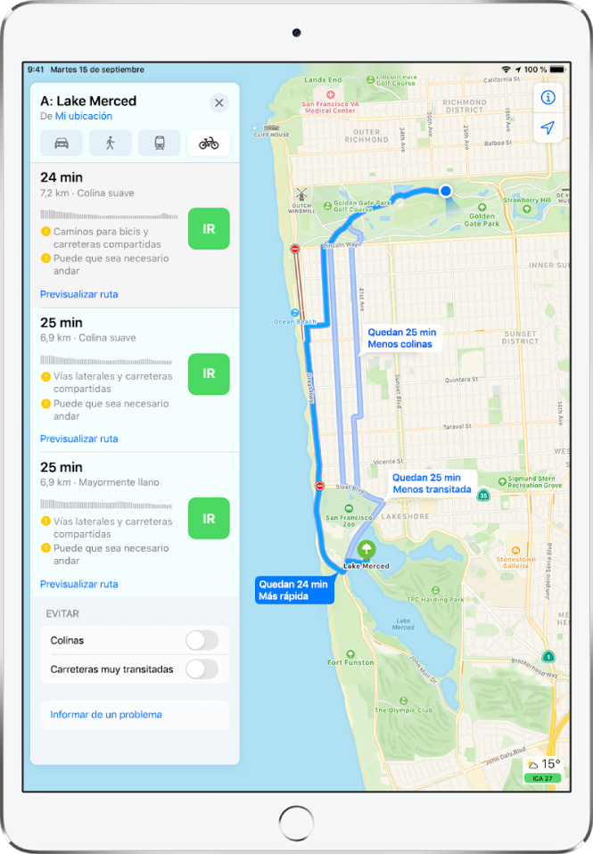 Mapa con varias rutas para ir en bici. La información a la izquierda proporciona detalles para cada ruta, incluso las horas aproximadas, los cambios de desnivel y los tipos de carretera. Aparece el botón Ir junto a cada opción de ruta.