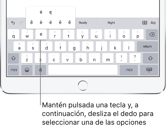 Pantalla con caracteres acentuados alternativos para la tecla e.