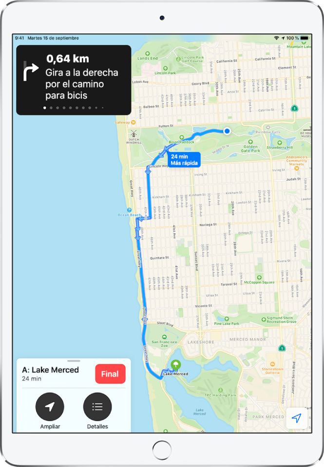 Mapa de resumen con las indicaciones para ir en bici entre dos parques de San Francisco.