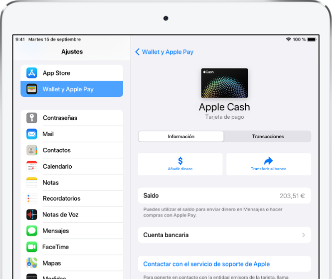 Pantalla de detalles de la tarjeta Apple Cash con el saldo en la esquina superior derecha.