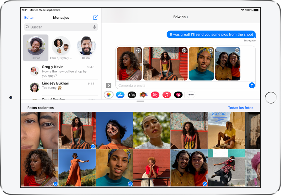 Una pantalla de Mensajes con la app Fotos de iMessage superpuesta sobre el mensaje. En la parte superior de la superposición están los botones para desplazarse por las fotos.